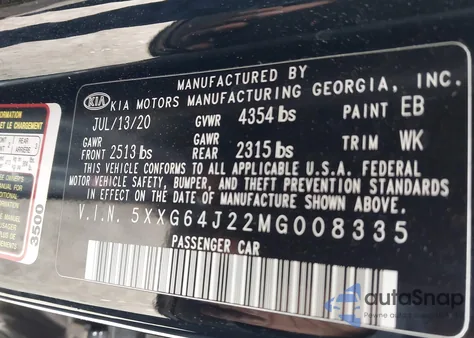 2021 Kia K5 Gt-Line z USA, uszkodzony, nr VIN 5XXG64J22MG008335